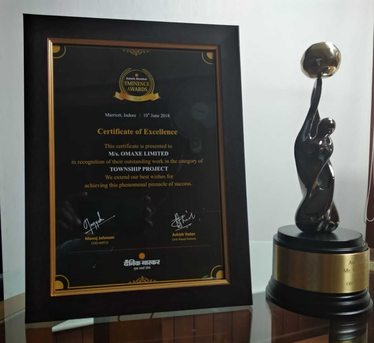 At Eminence Awards 2018 held on June 10, 2018 in Indore, Omaxe Ltd. was recognized for building Best Township 'Omaxe City-1'
