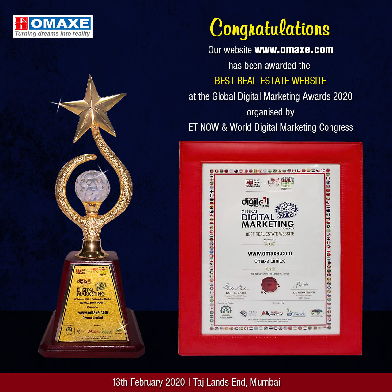 Omaxe website (www.omaxe.com) awarded the Best Real Estate Website at the Global Digital Marketing Awards 2020