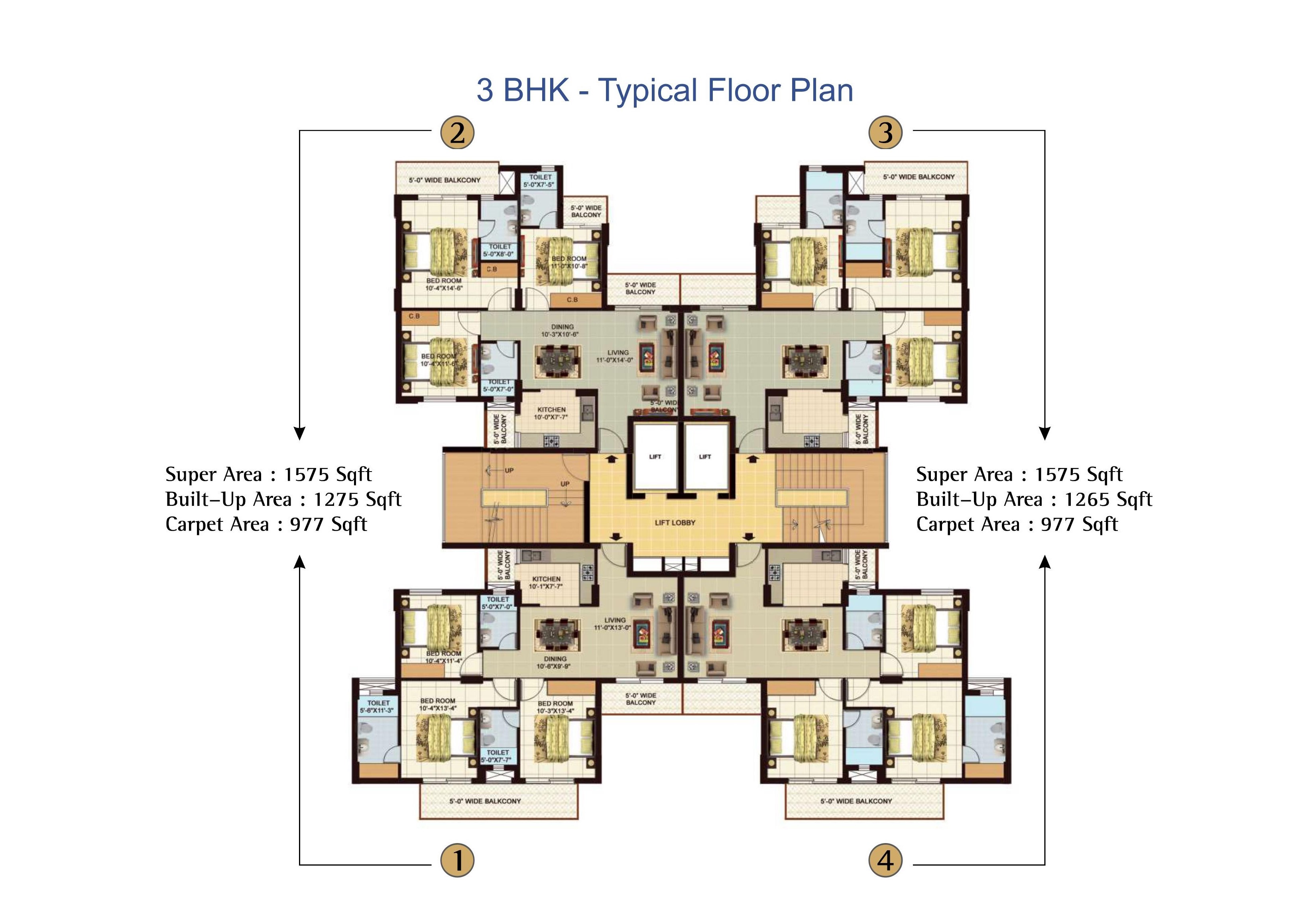 3BHK - Typical Floor Plan