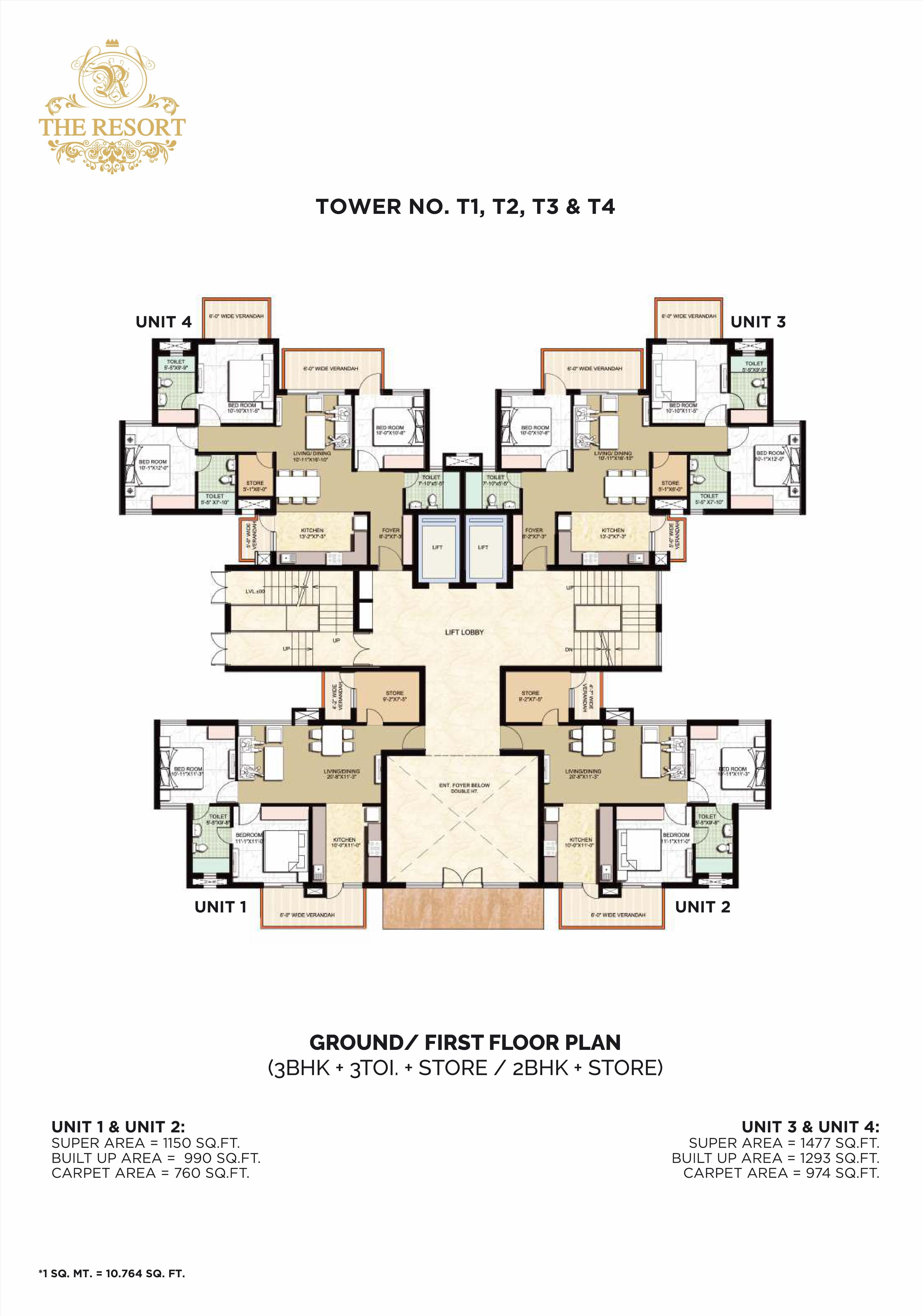 T1,T2,T3 & T4 - Ground & First - 3BHK+3TOI.+STORE